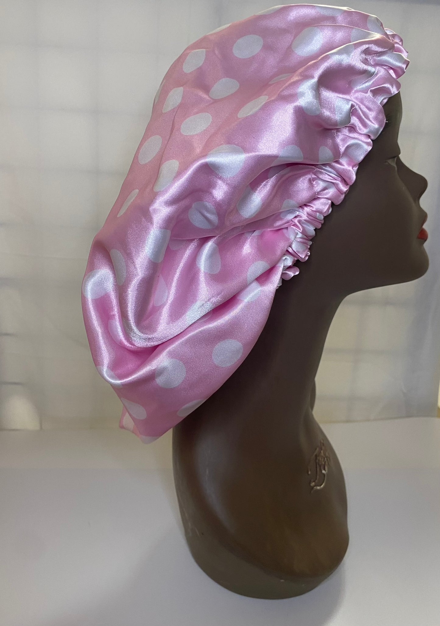 Pink w/ White polka dot bonnet