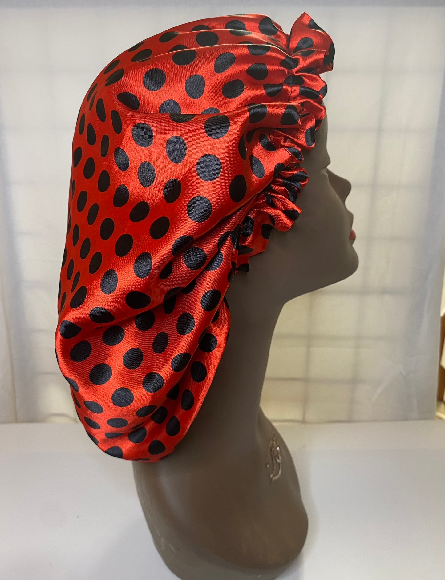 Red /Black dot Satin Bonnet
